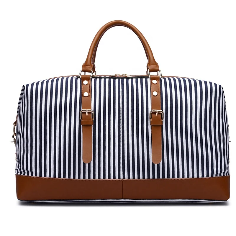 In Stock Custom Large ladies women stripe duffle bag fashion shoulder tote travel canvas weekend bag