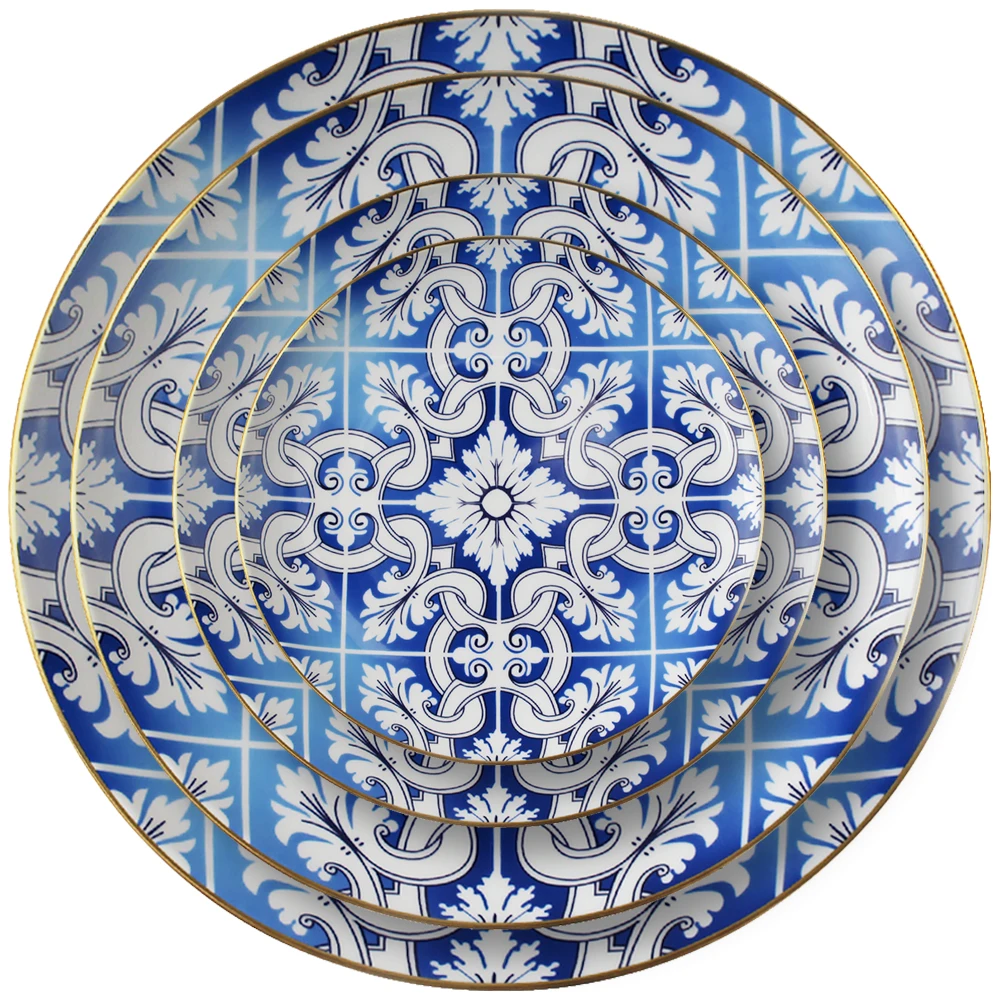 Лидер продаж от производителя в китайском стиле комплекты Dinnerware фарфора белого и синего цвета с цветочным рисунком суповую тарелку производство Китай Золотой оправой Свадебные керамические пластины