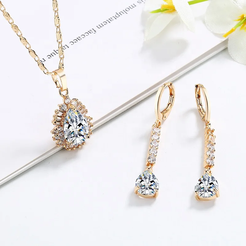 18K Gold Plated Pendant Zirconia Jewelry Set Italian Gold Plated Jewelry Sets Necklace Set For Women