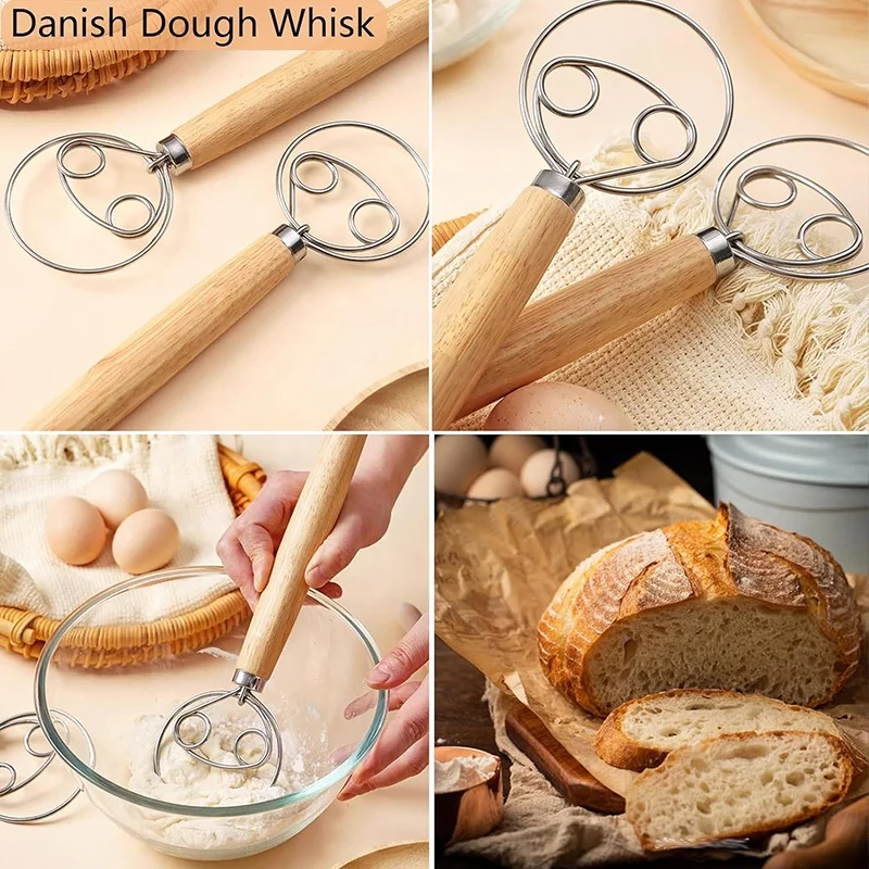 Bread Making Tools Danish Whisk Dough Lame Slashing Tool  Wooden Scraper Tool Used for Pastry Baking Sourdough Starter Kit Set
