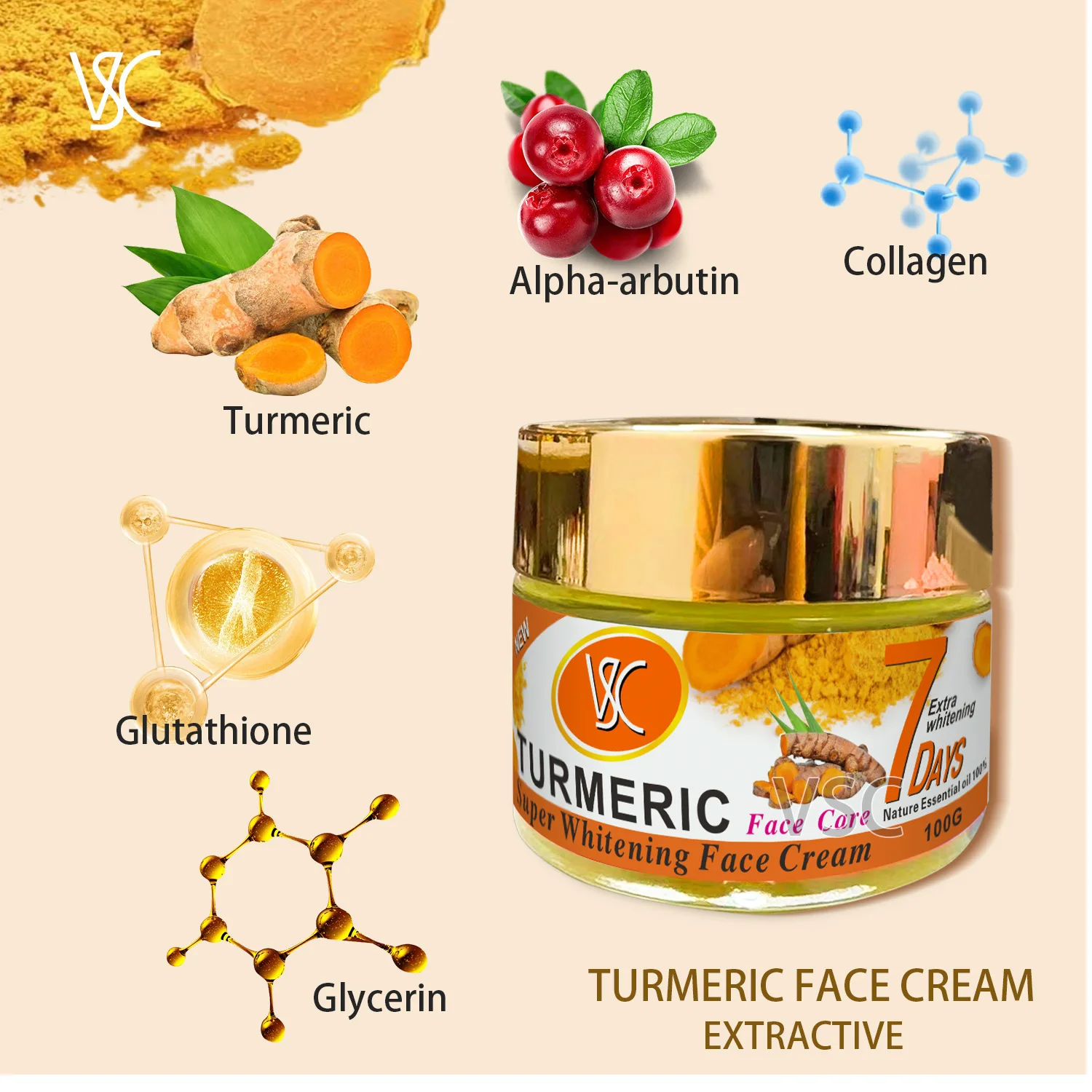VSC lighting face cream Moisturizing turmeric cream face repair anti dark pots& anti-aging super whitening face cream 100g