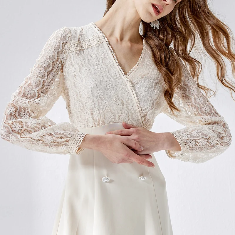 Huiquan New Design Printed Lace Decoration Beige Dress Elegant Luxury French Dress