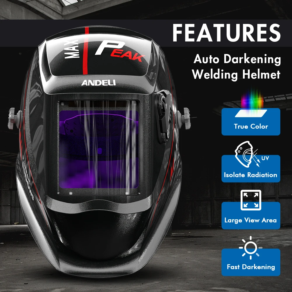 ANDELI Welding Helmet Large Viewing Solar Auto Darkening True Color Mask for Grinding Welding 4 Arc Sensors 1/1/1/2 Optical