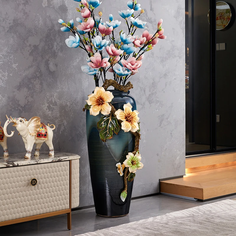 SANLOREN New collection luxury big tall large size blue color ceramic floor flower vase for TV bench hallway foyer vestibule