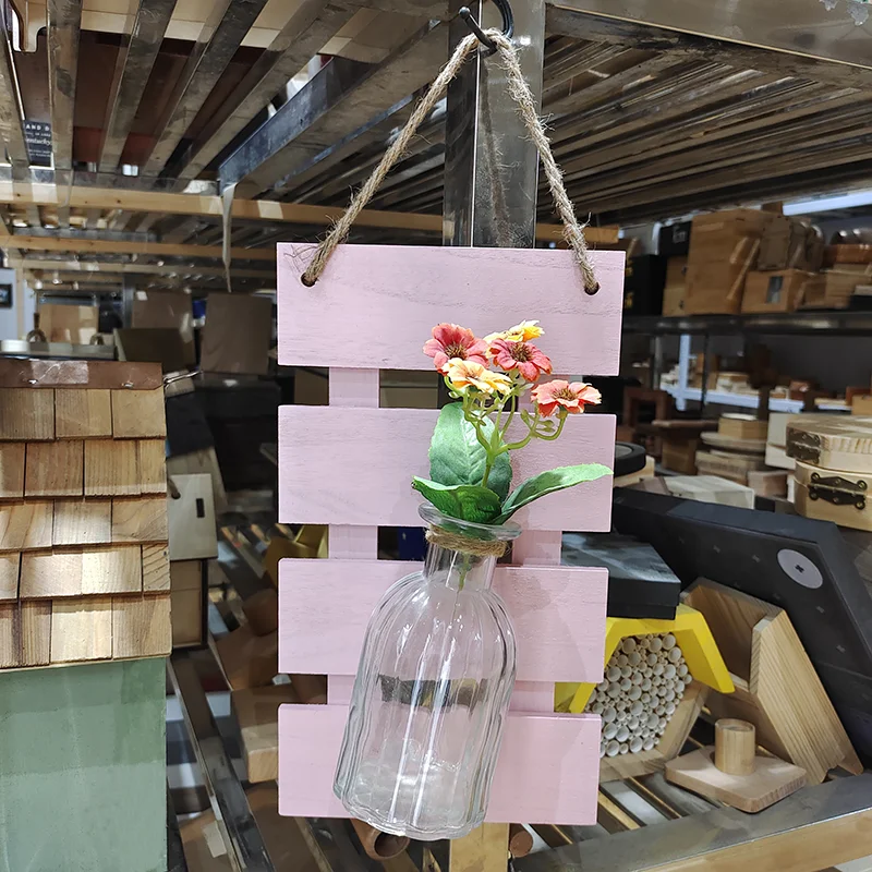 Home Deco Wooden Board Hydroponic Container Hanging Transparent Glass Green Plant Home wall decoration vase