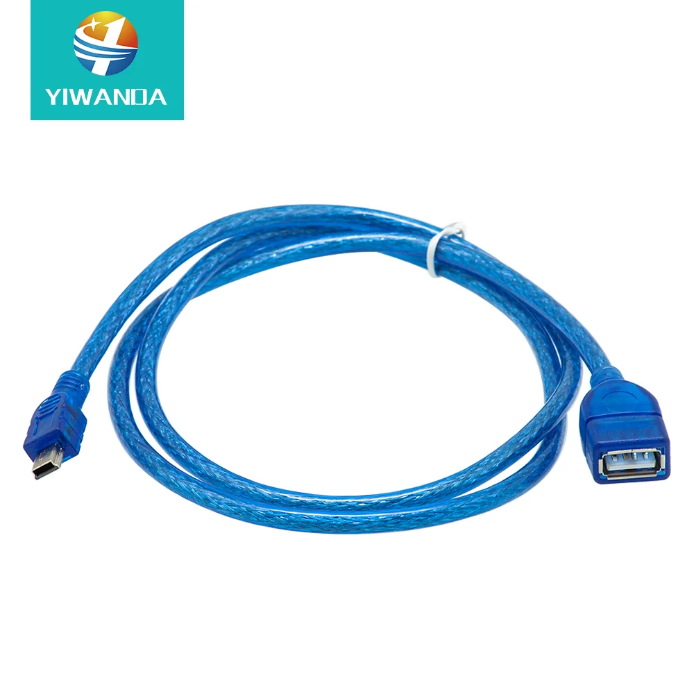 Factory wholesale Transparent blue 1m Pure copper USB2.0 TO MINI USB cable usb female to 5P Extension Extender Cable