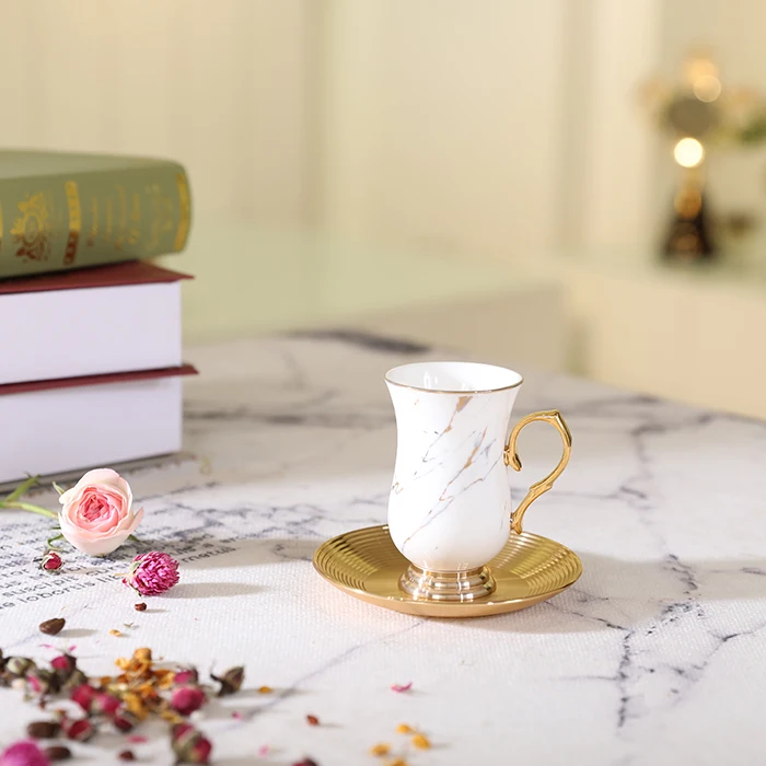 Amber different handles design classical style  porcelain coffee cup with aluminium bottom and aluminium saucer