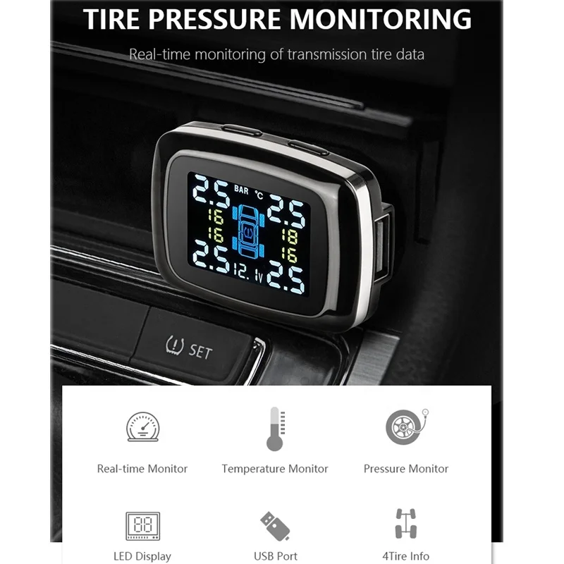 Car TPMS Tire Pressure Monitoring System Sensor USB Port Car Safety Alarm Cigarette Lighter Digital System 4 External Sensors