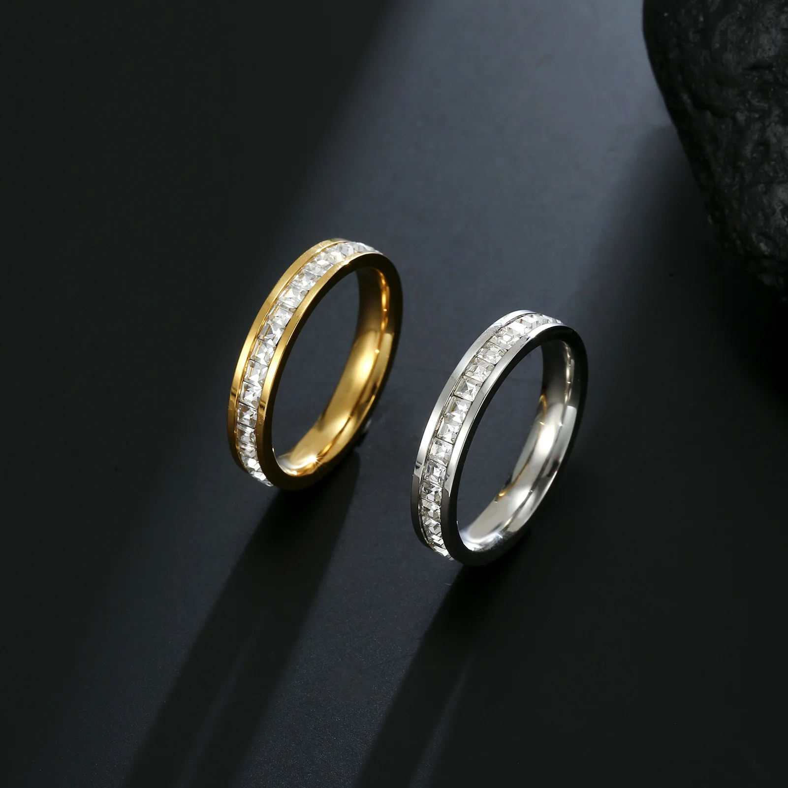 4mm Full CZ Crystals Stainless Steel Ring for Women Plain Dainty Engagement Wedding Rings Jewelry