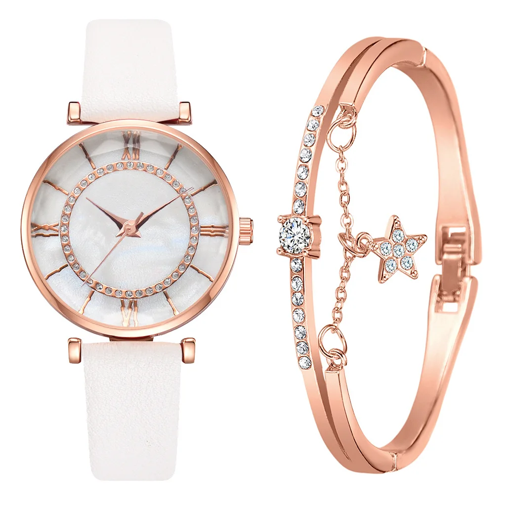 Hot-selling ladies watch set PU fashionable ladies quartz watch with Disc Roman scale