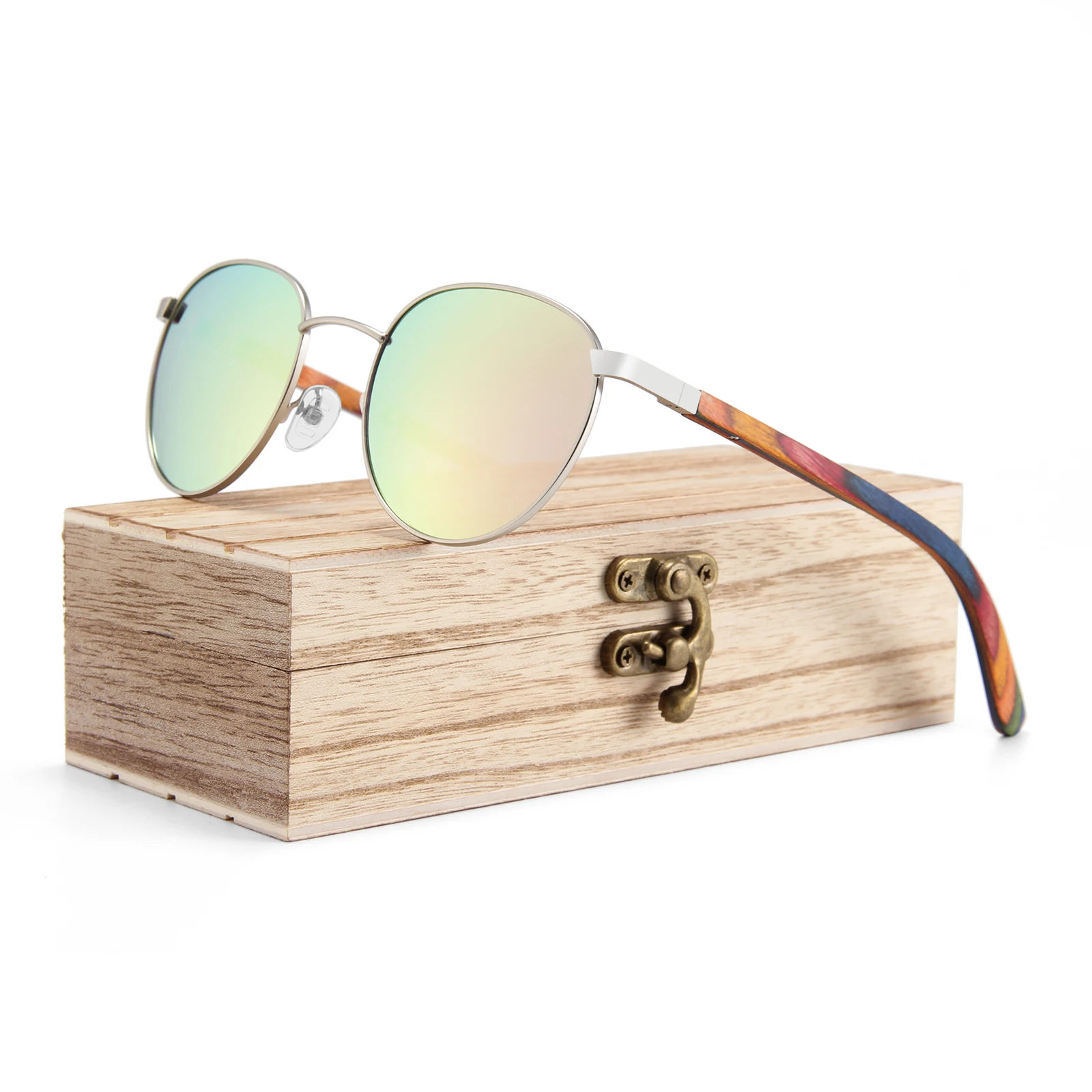 2022 fashion metal round polarized  women men wood bamboo temple sunglasses custom logo