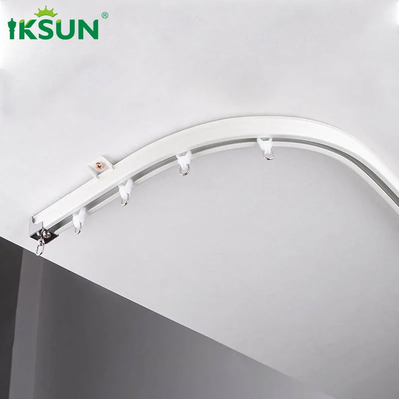 Iksun manual bending flexible top ceiling mounted l shape sliding bendy curtain rail for bay window