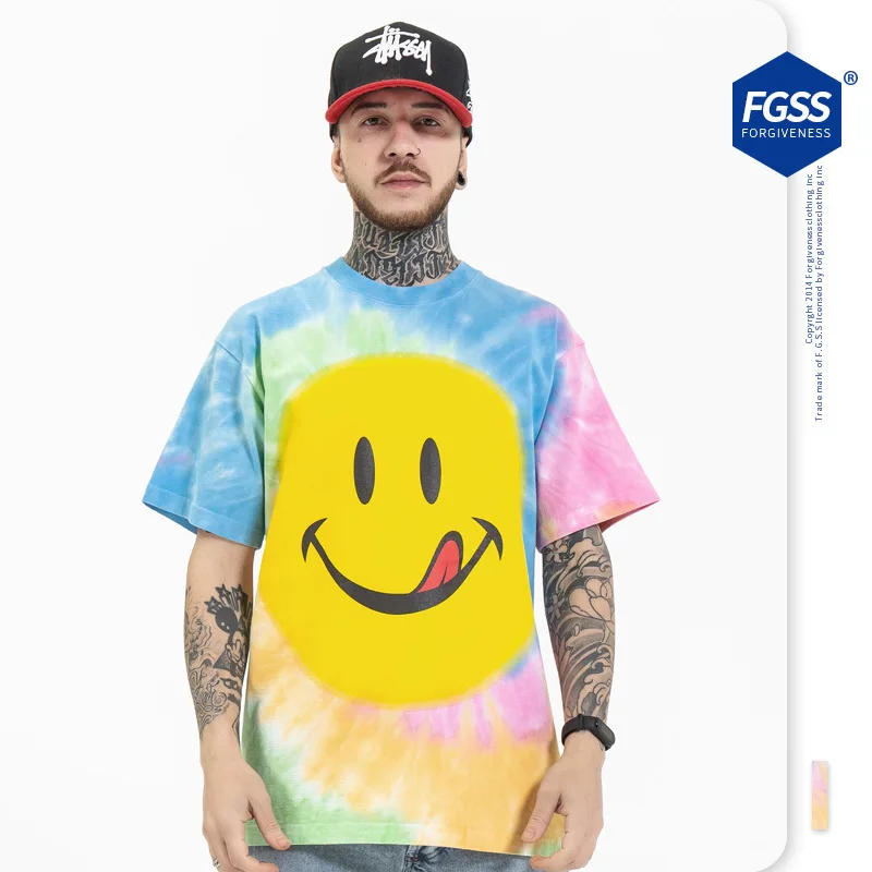 Hot sales 2021 new styles fashion brand smiley printed cotton 210GSM loose INS tie-dye short sleeve T shirt for men