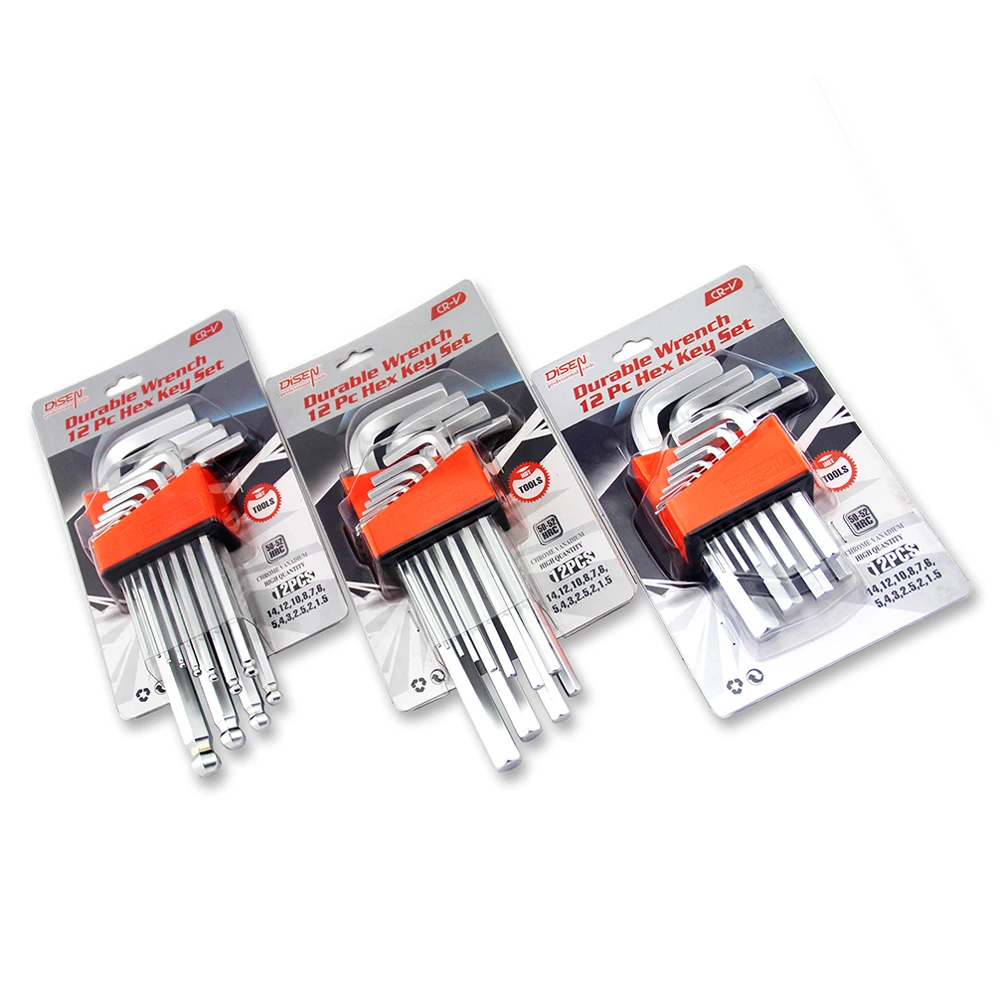 CRV Steel Durable Hex Key Allen Wrench Set with Ball End or Flat End- Set of 12