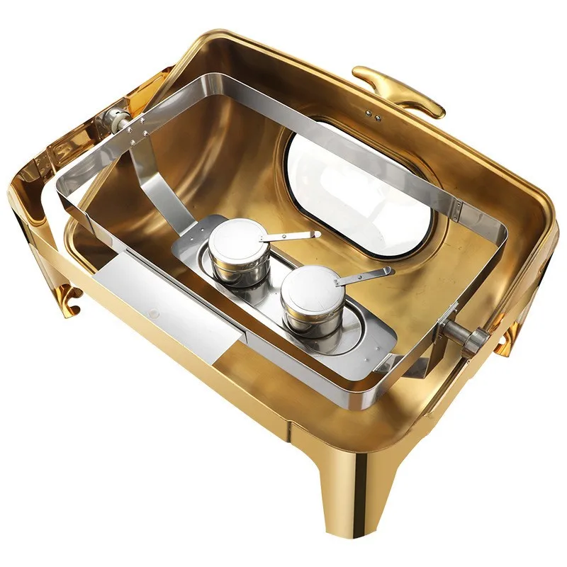 9 Quart Gold Roll Top Rectangular Stainless Steel Chafing Dish Buffet servers Set and Warmers Set Warming Tray Glass Window
