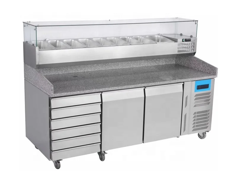 2 двери 6 ящиков Мраморная стеклянная крышка для ресторана приготовления пиццы рабочий стол