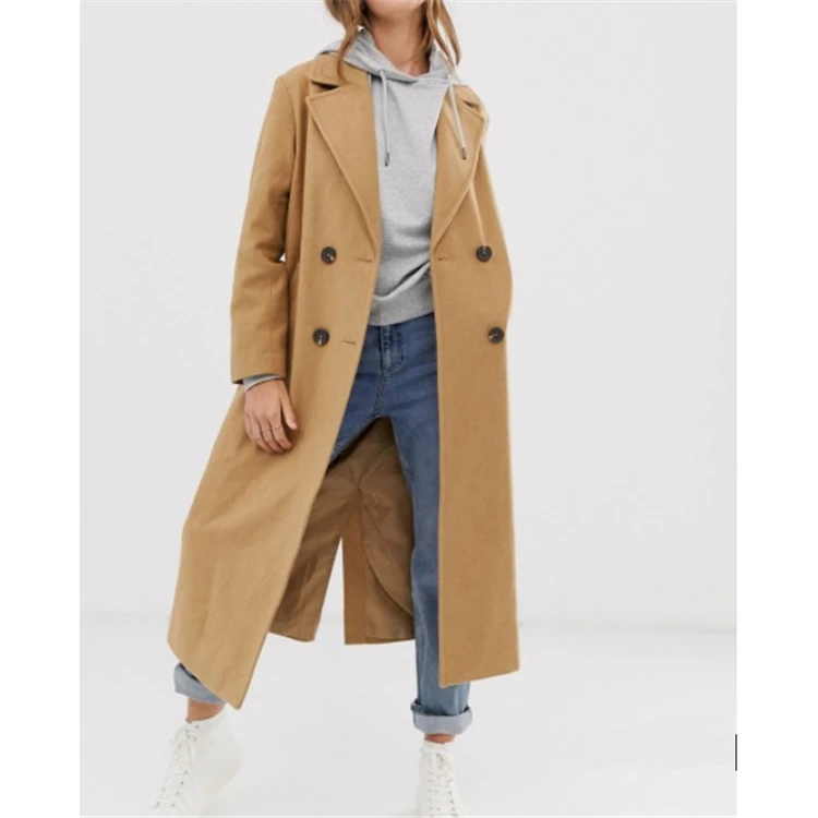 Women Korean Long Sleeve Knee Length Belted Wool Trench Coat Autumn And Winter Overcoat