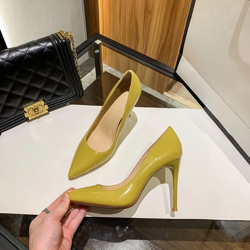 2024 Internet Celebrity Spring New Fashion Shallow Mouth Large Size Naked Lacquer Leather Pointed Thin High Heels Single Shoes