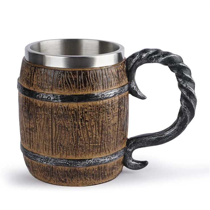 Medieval Beer Mug Handmade Wooden Barrel Beer Mugs Beer Steins, Stainless Steel Vintage Beer Cup, Drinkware Mug