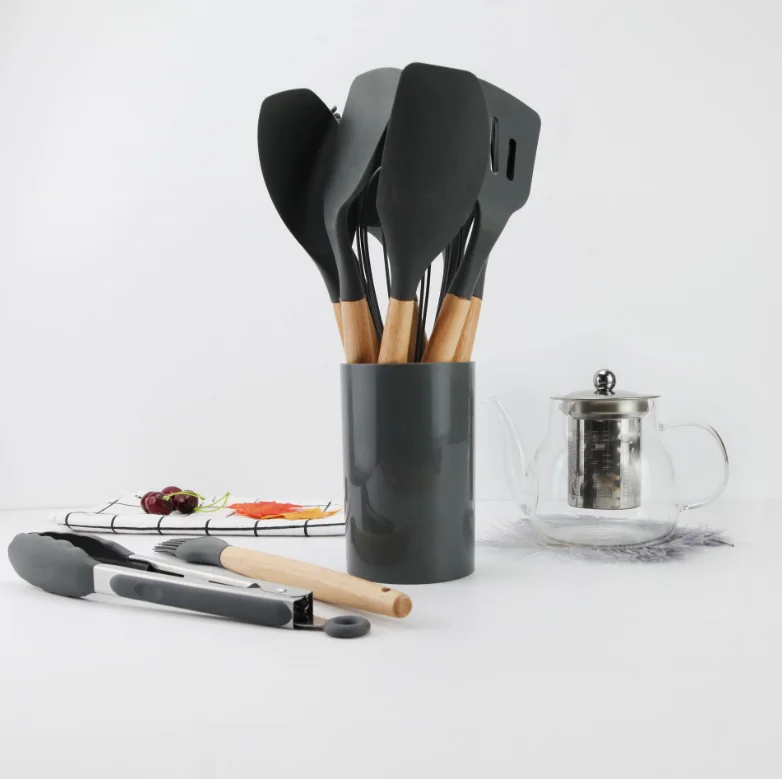 
11pcs Silicone Cooking Utensil Set with Hold and Wooden Handle BPA Free Non-stick Heat Resistant Cookware Set 