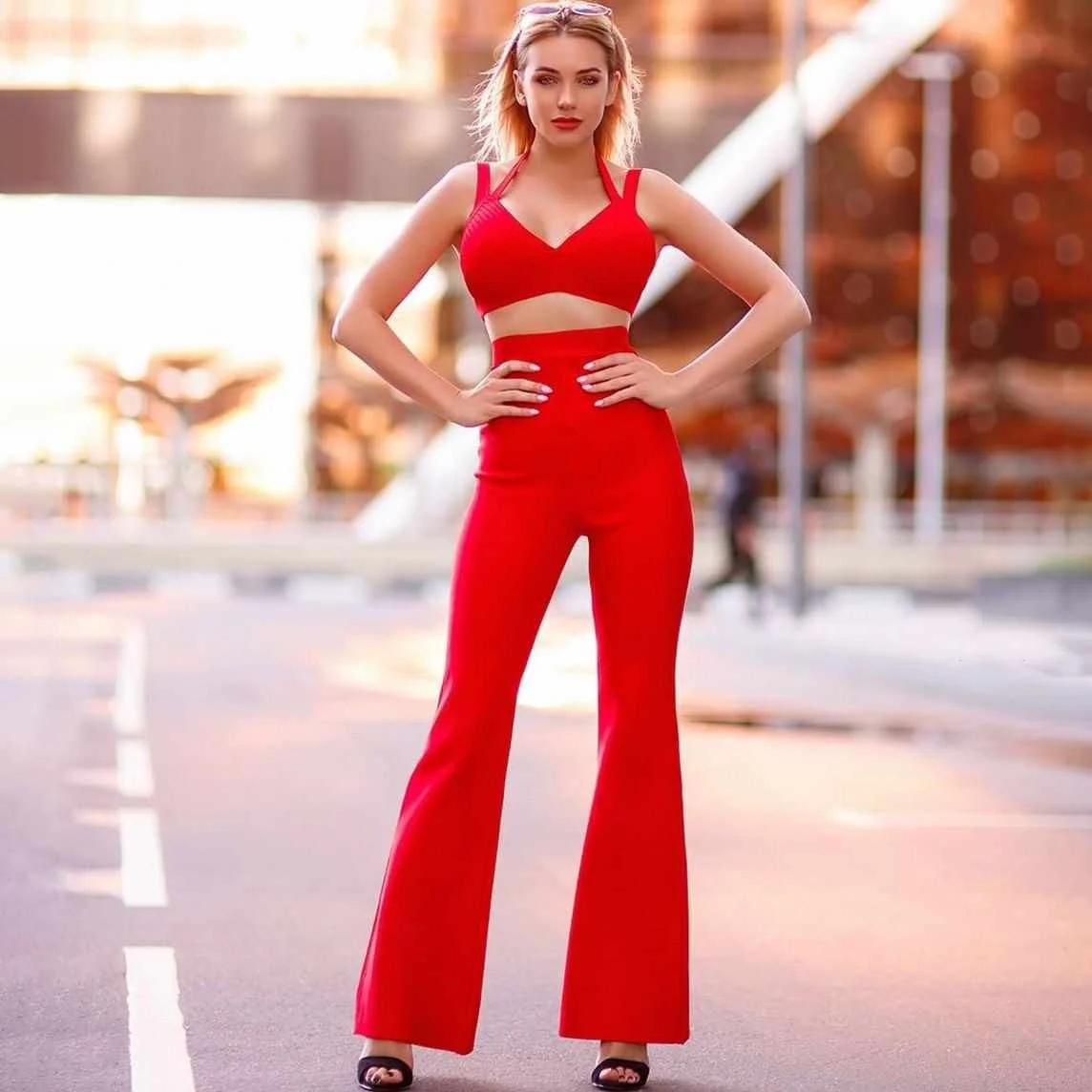 
D8224#5colors Sexy V-neck vest slim flared pants bandage 2 piece set for women 