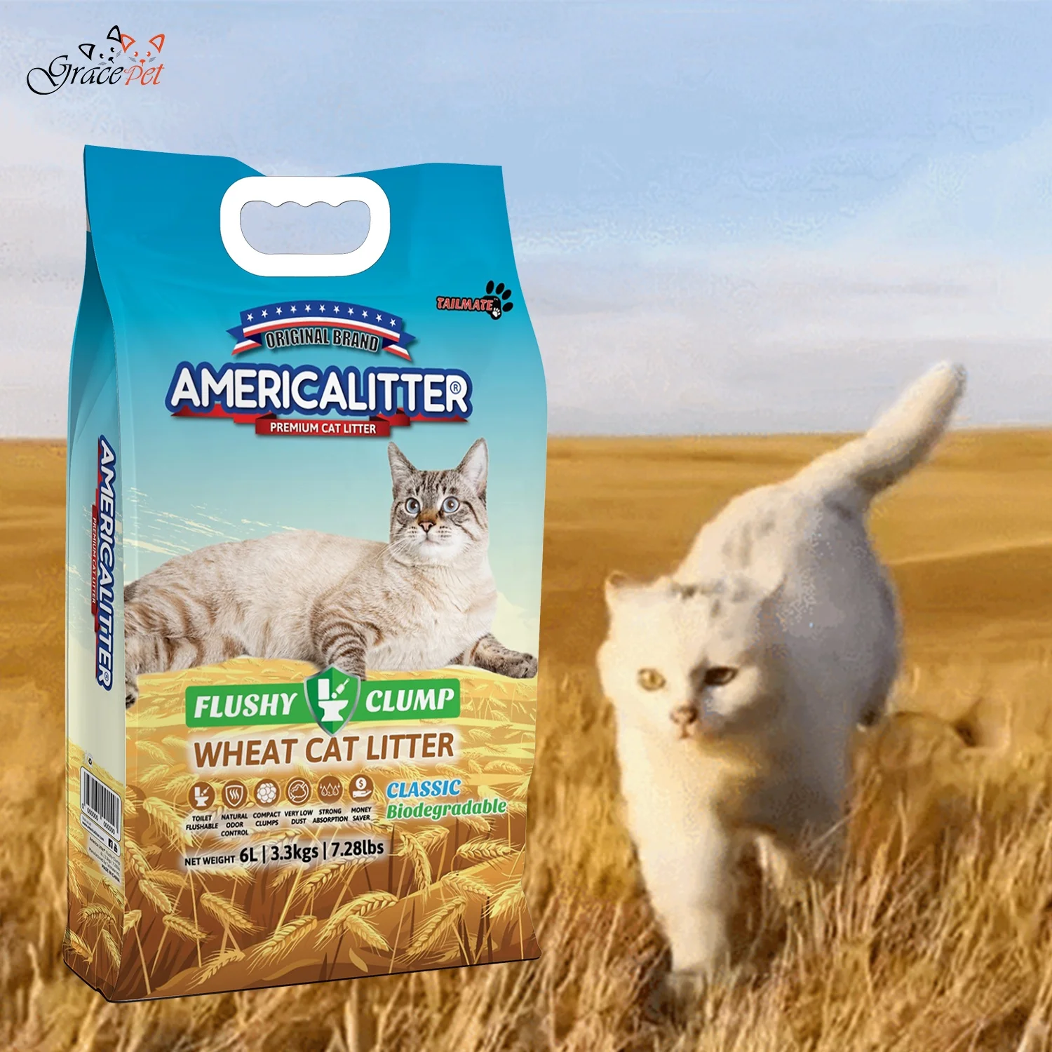High quality Flushable America litter new product  Wheaty Cat Sand Organic Flushable  Arena de gato cat sand