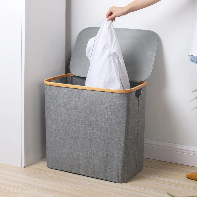 Laundry Hamper Bamboo Frame Durable Cloth Bag Sorter Storage Basket Bin