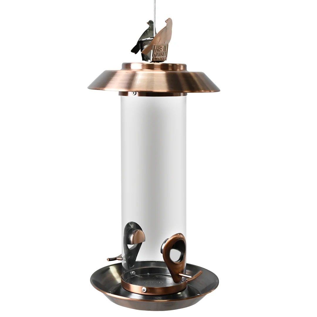 2021 Copper Plating Metal Lid and Tray Two Feeding Ports Plastic Tube wild Bird Feeder Outdoor Garden Hanging Decoration