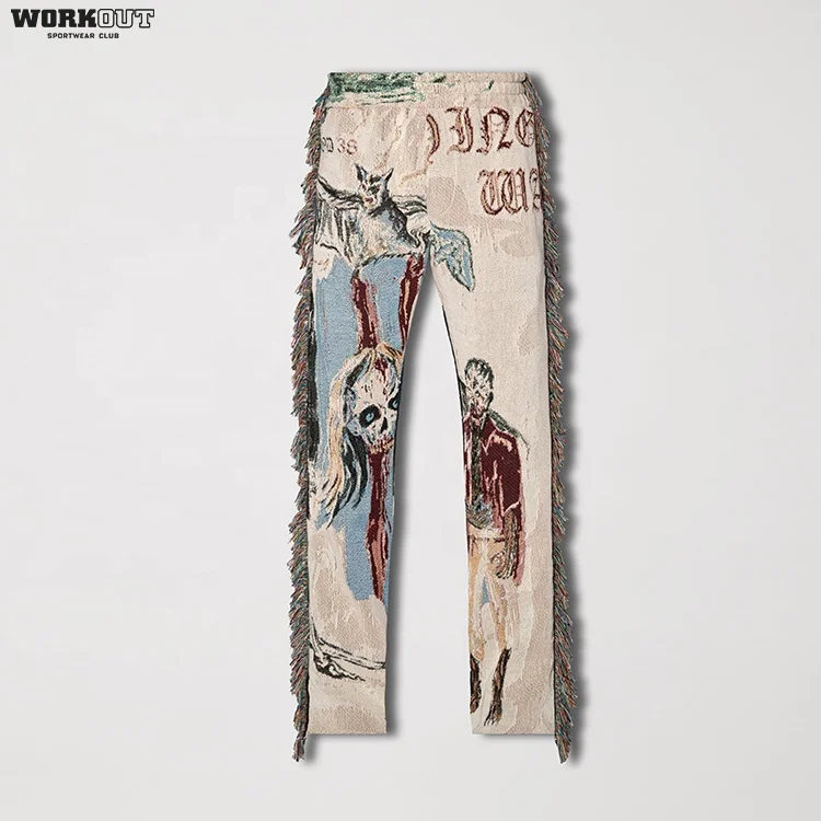 Custom Tassel Oversized Cargo Flare Unisex Stacked Woven Tapestry Pants For Men