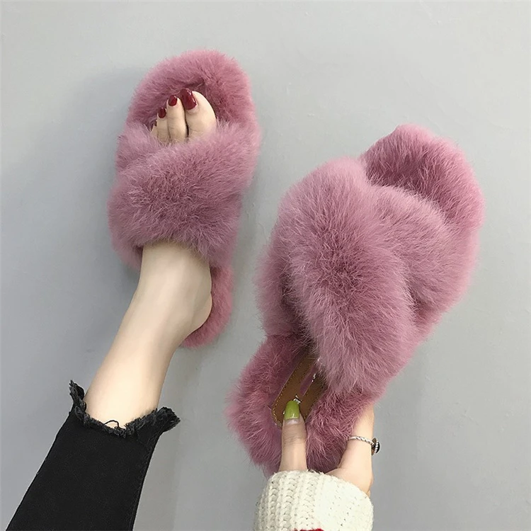 New Korean Slippers Winter Soft Cozy Plush Thick-Soled Fashion Faux Mink Fur Women Cross Slippers