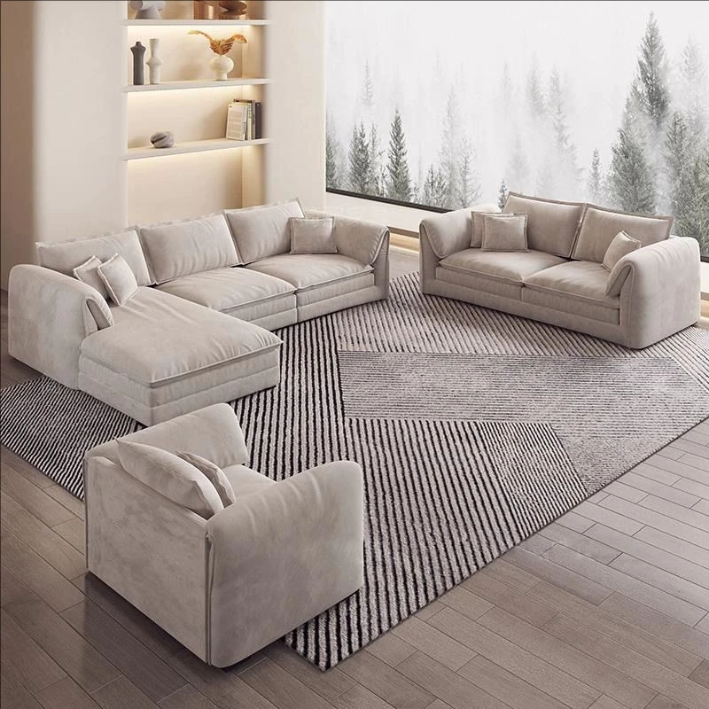 Italian High-End Designer Sofa Foshan Furniture Light Luxury Tufted Fabric Three-Seater for Apartment Workshop Use Luxury Villas