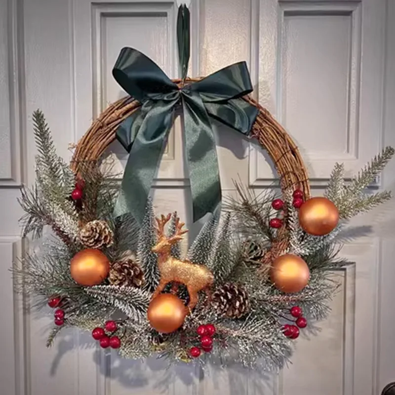 Elk Rattan Wall Hanging for Winter Christmas Pine Needle Wreath Door Decoration for Hotels Shops Indoor Window Wall Display