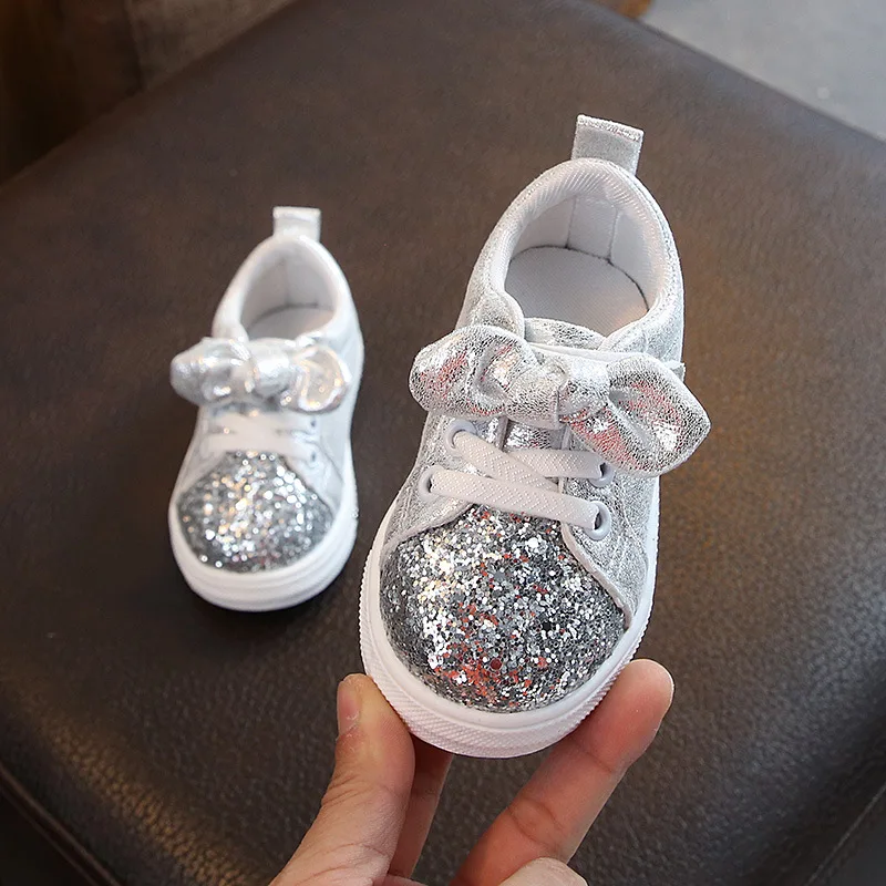 Fashion Kids Casual Low MOQ PU Sneakers Silver Golden Sequin Little Girls Bow Shoes Soft Sole Casual Walking Shoes