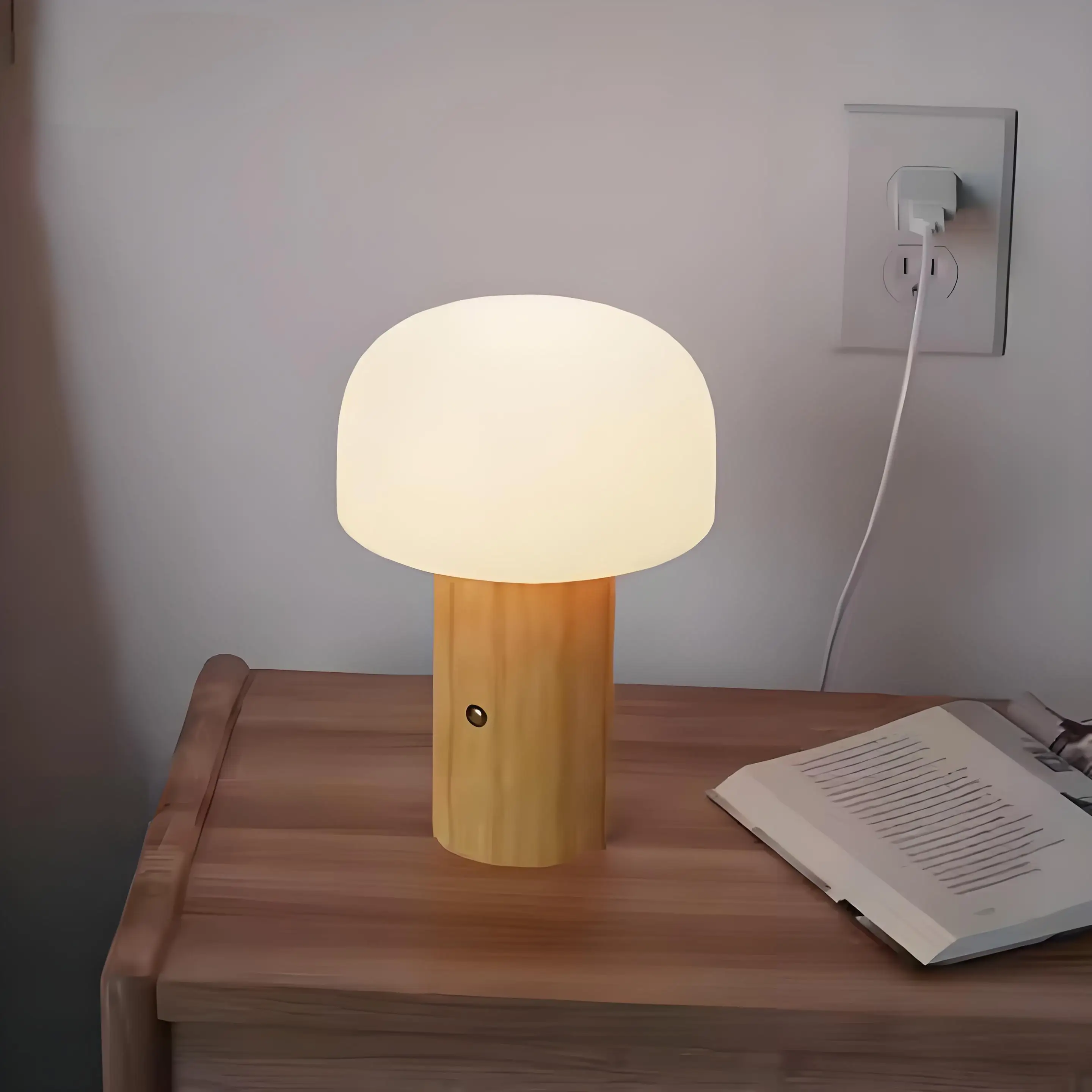 Bamboo Desktop Lamp Dining Table Light LED Charging Decorative Creative Cordless Mushroom Table Lamp