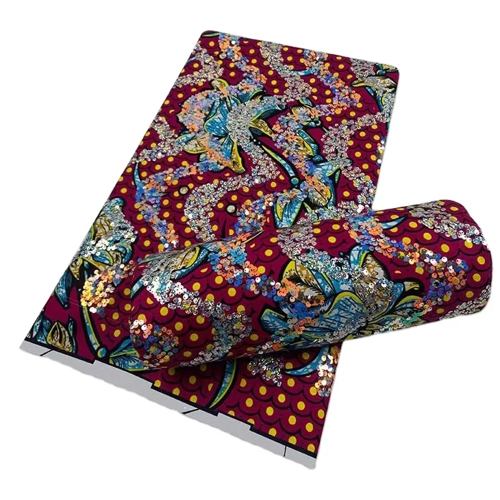 Factory outlet african holland cotton fabric with sequence embroidery red golden super printed fabric