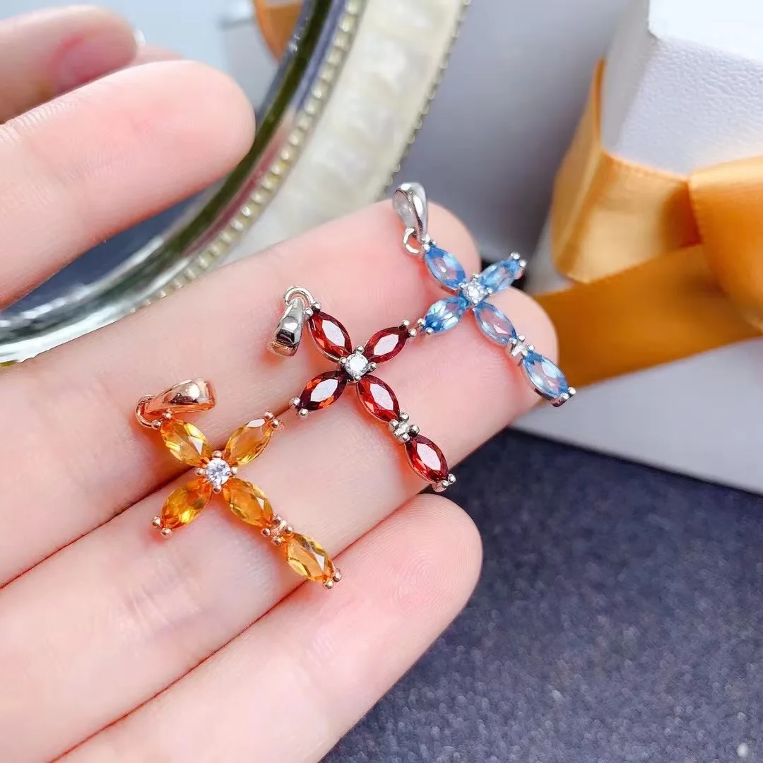 Low MOQ 925 Sterling Silver Natural Citrine Dainty Cross 3mm*6mm Basketball Pendant Necklace