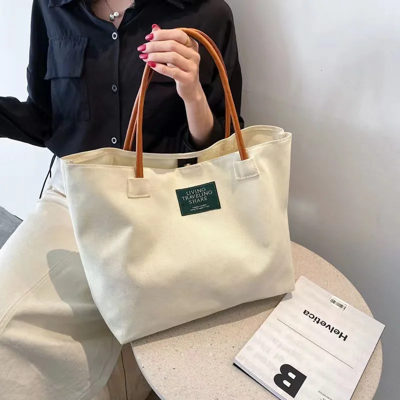 2024 Fashion Trend Desgin Custom Canvas Cotton Logo Print Canvas Tote Shopping Bag with Leather Handle