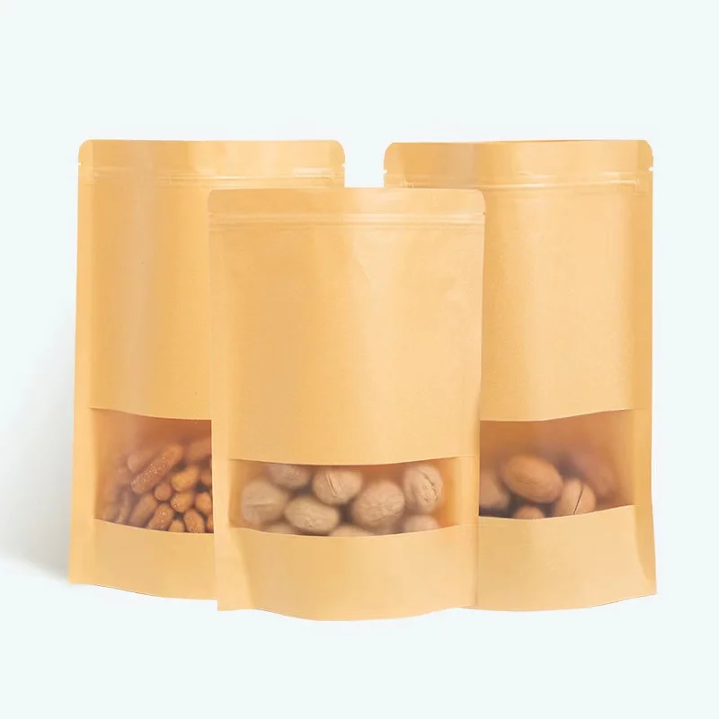 Stand Up Kraft Paper Bag With Clear Window And Zipper For Food Flour Nut Rice Tea Spices Customizable Manufacturer