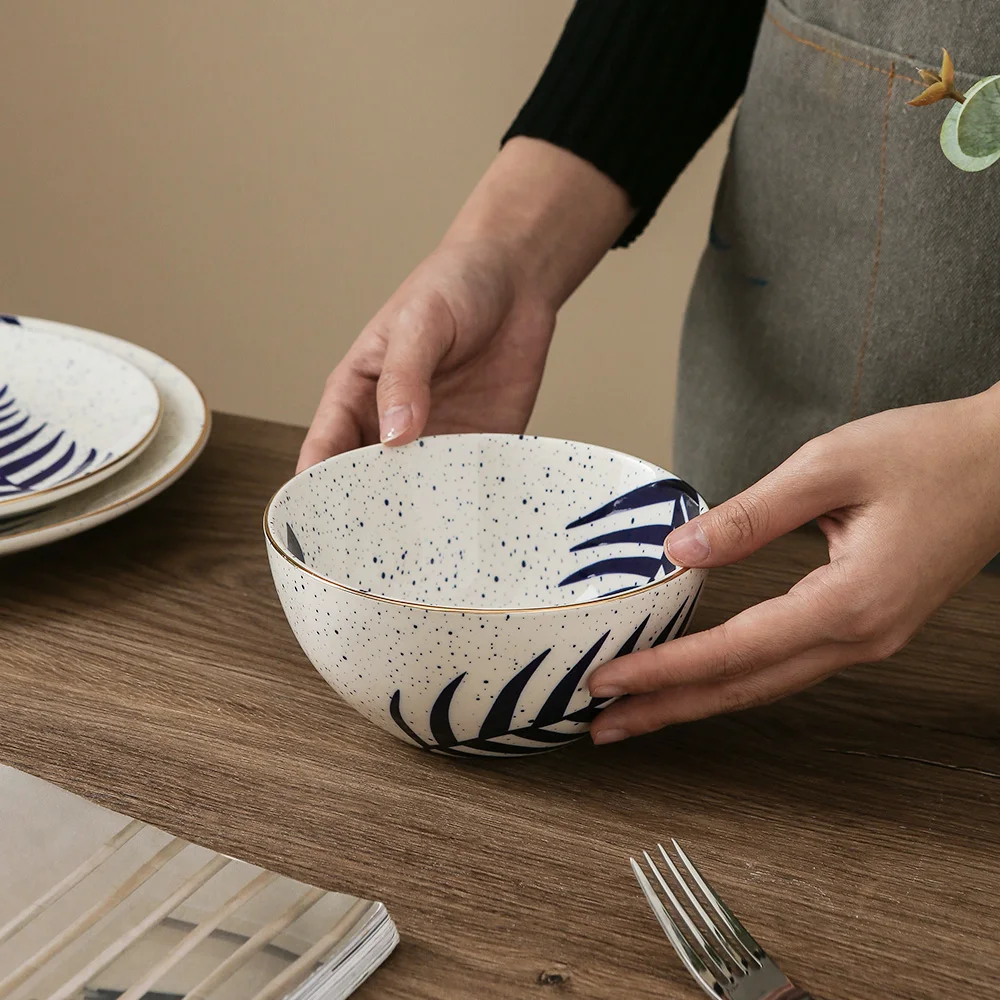 Chinese Leaves Pattern Cereal Bowl Porcelain Golden Line Small Ceramic Bowls for Crackers, Fruits, Brie and Meat