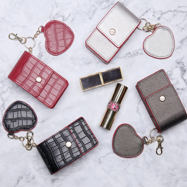 Women Fashion Makeup Lipstick Travel Pouch Organizer Leather Portable Beauty Case Toolbox Lipstick Bag with Mirror