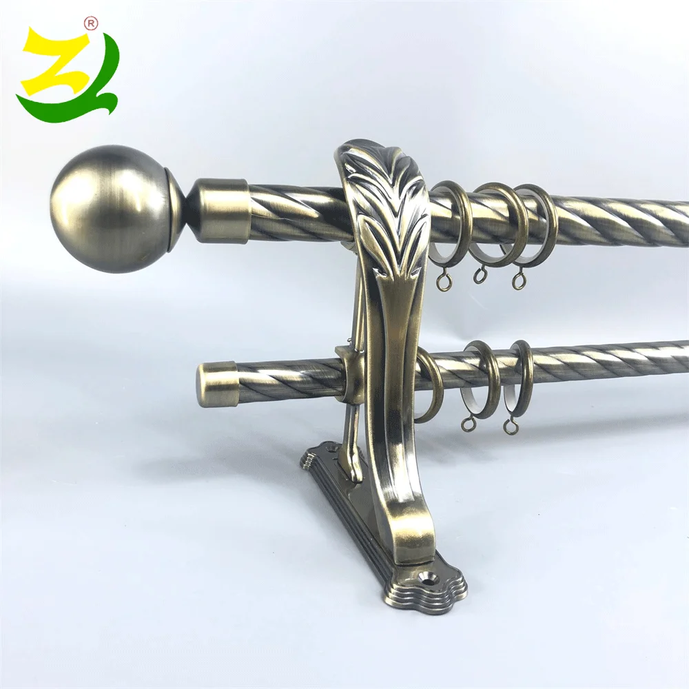 
ZELUAN Metal Casting Part Antique Holders Double Curtain Rod With Wall Bracket 