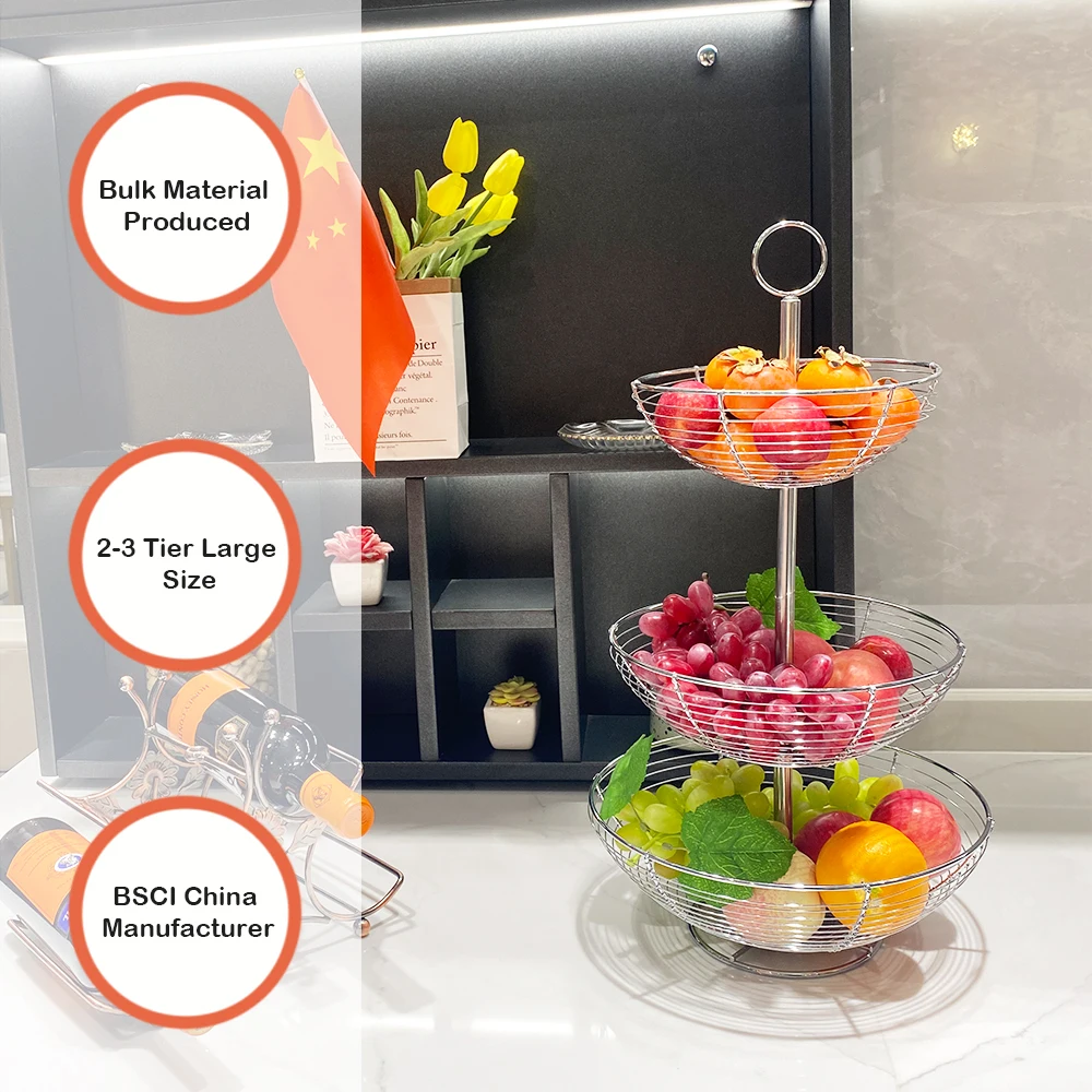 Modern Detachable Metal Wire Fruit Basket 3 Tiers Chrome Wire Metal Fruit Bowl For Kitchen Counter Organizer