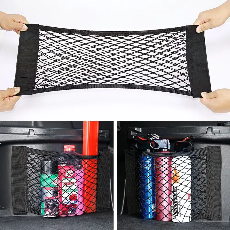 Car Back Rear Mesh Trunk Seat Elastic String Net Magic Sticker Universal Storage Bag Pocket Cage Auto Organizer Seat Back Bag