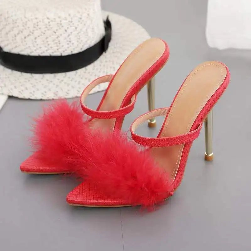 2022 new pointed crackle leather turkey feather slippers female plus size sexy high heel slippers