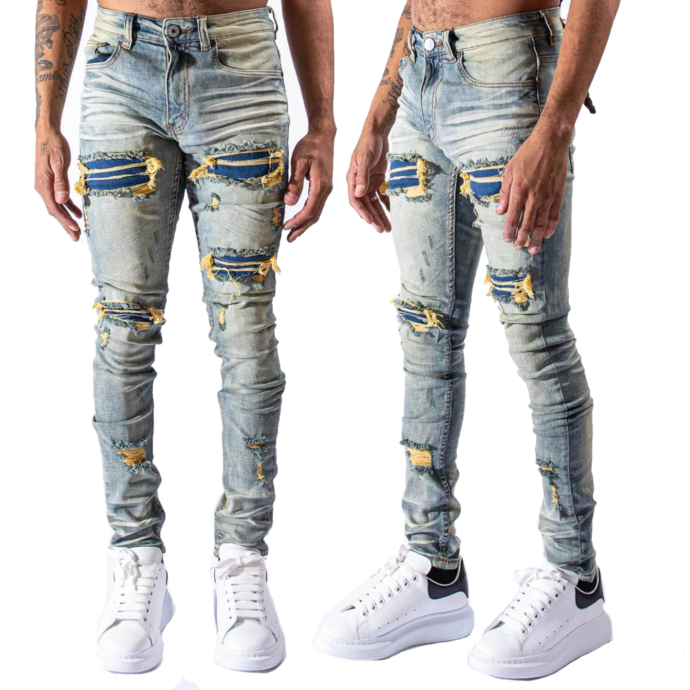 Manufacture custom design ripped and hole slim fit light blue mens jeans denim custom jeans for men