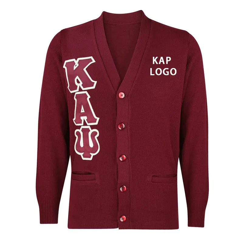 Wholesale Custom Fraternity AP Logo Greek Organization Cardigan Varsity Letter Man Sweater With Embroidery Patches Jacquard