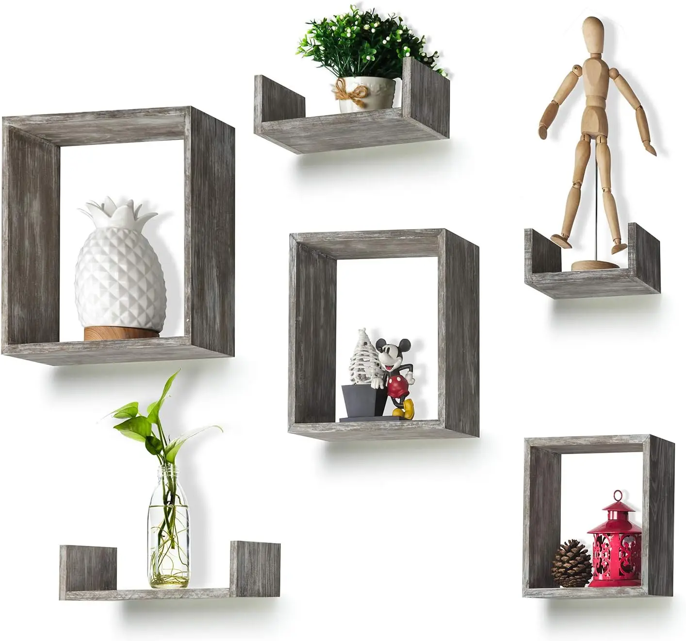 Floating Shelves Set of 6  Rustic Wood Wall Shelves with 3 Square Boxes and 3 Small U Shelves