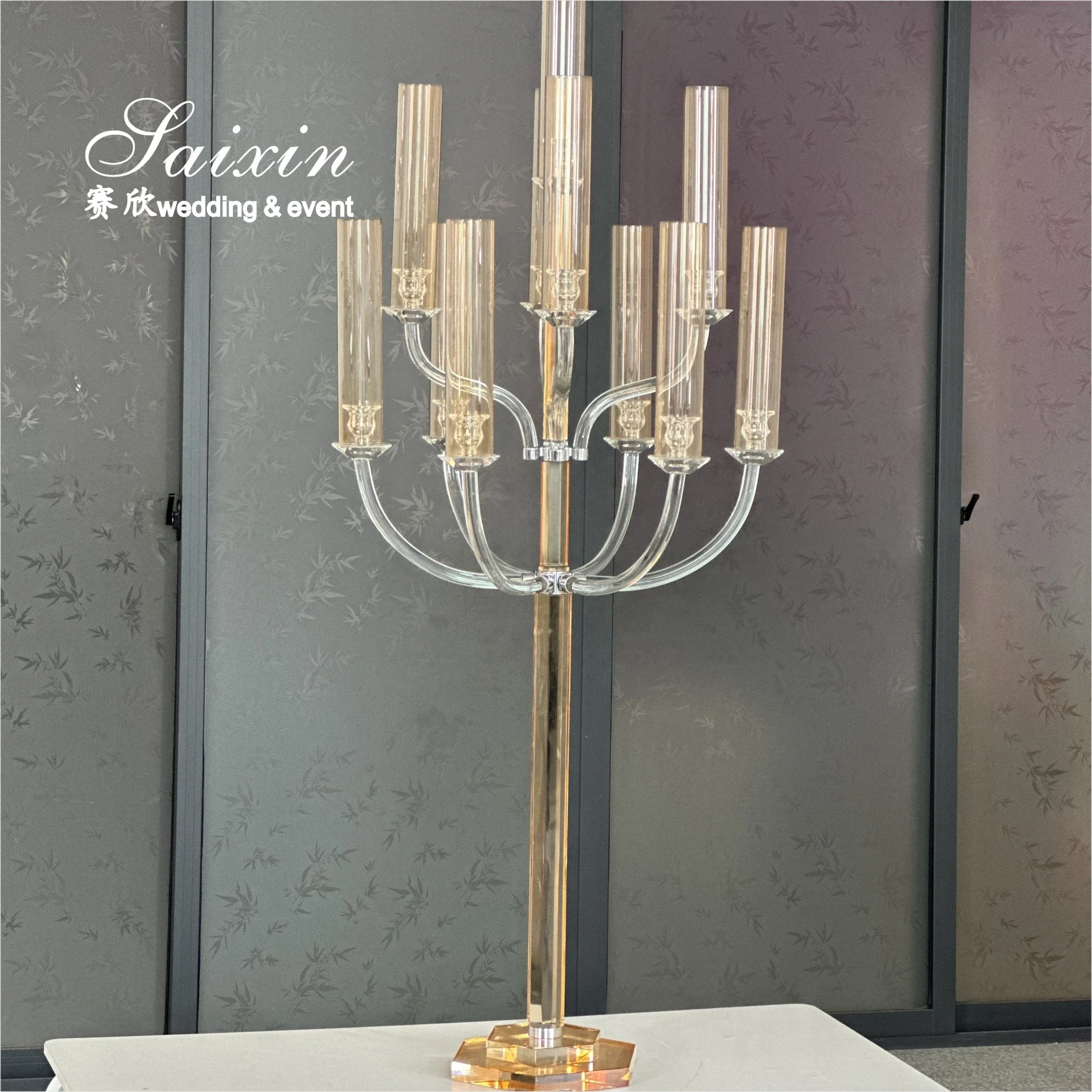 Purity Wedding Table Decoration Tall  Candle Holder Centerpiece Champaign Gold 11 Arms Crystal Candelabra