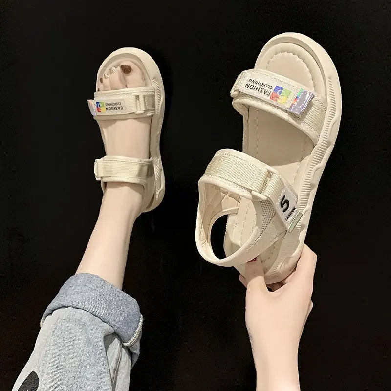 2022 new design summer Korean fashion muffin one-line open-toed flat women casual sandals with HOOk&LOOP