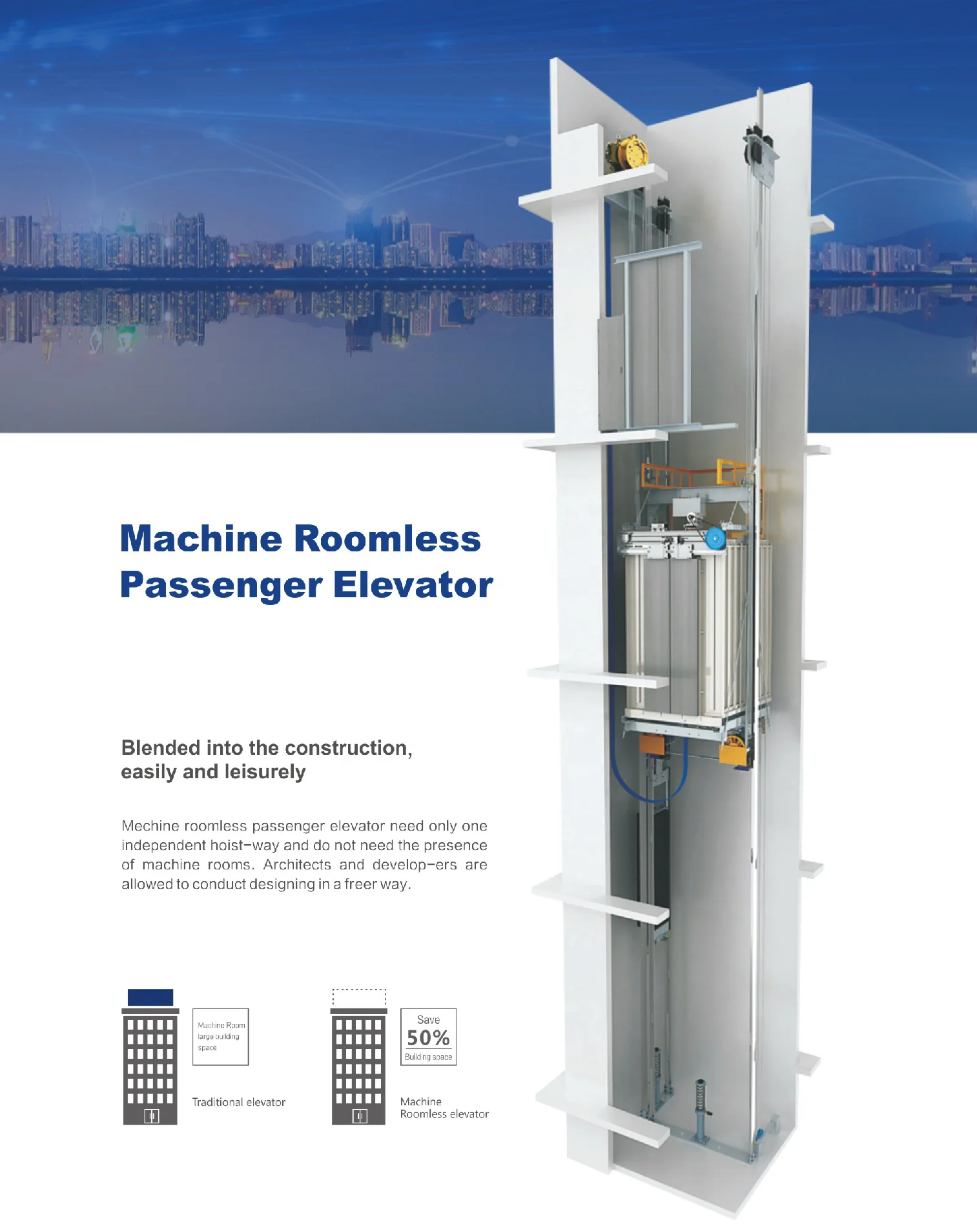 Machine Roomless Passenger Elevator for 6 to 26 Persons/450kg to 1600kg